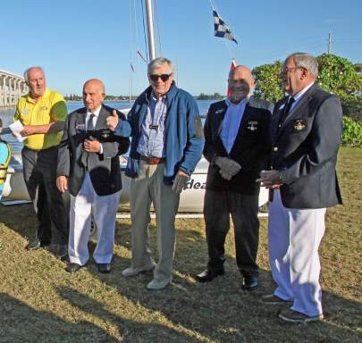 NIgel Hargreaves with VB Power Squadron past Commanders Al Ebstein, Charlie Pope, Dick Myers, and current Commander Larry Ebstein