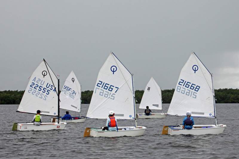 five sailboats racing