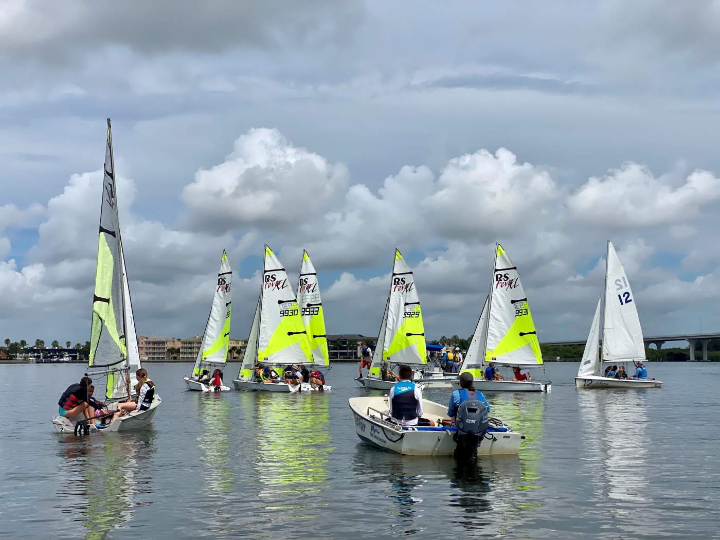 Sailboats and a powerboat out on the lagoon