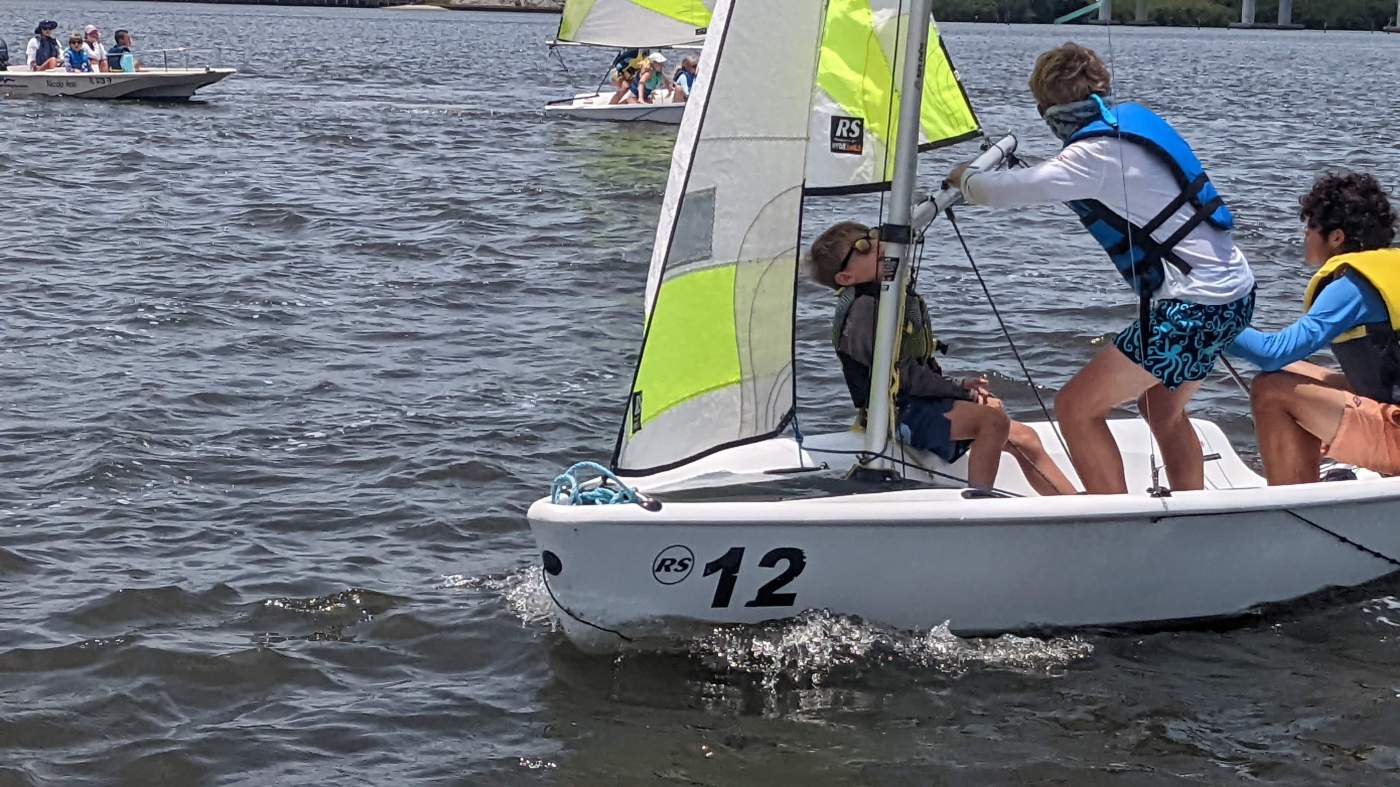 Three boys sailing a boat