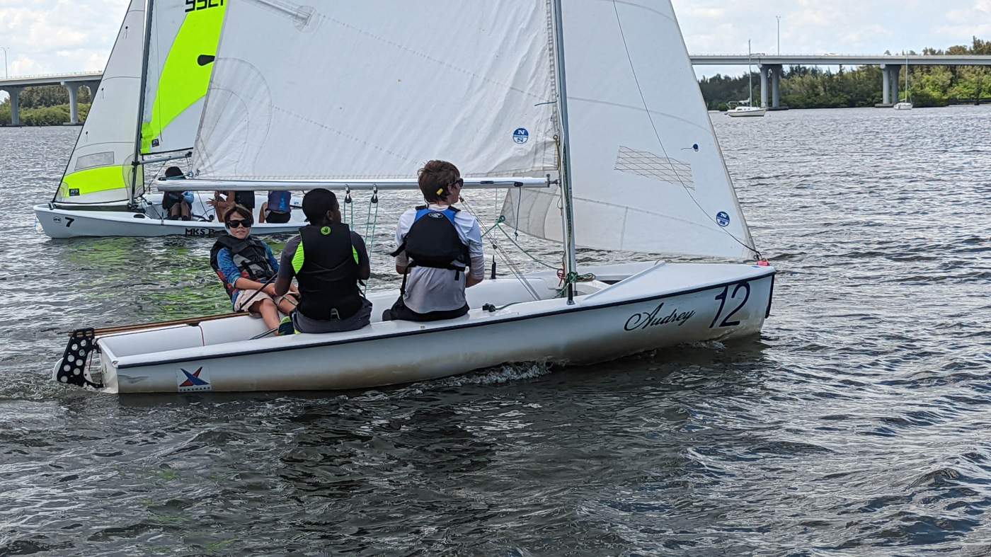 Three boys sailing a boat