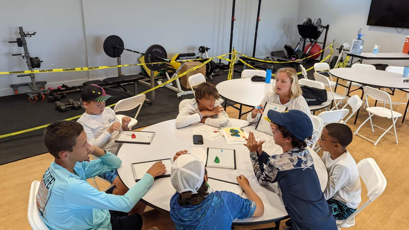 A group of children seated around several tables